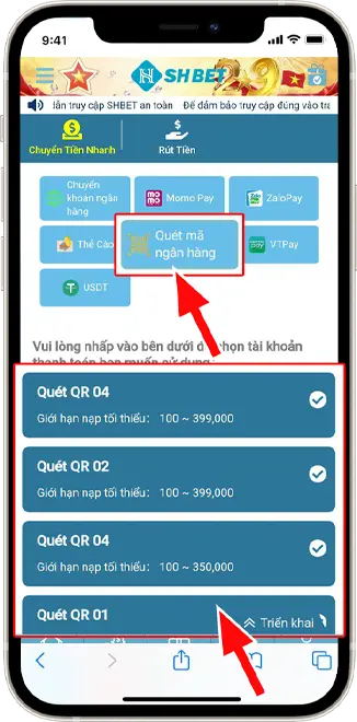 Bước 2: Chọn QUÉT MÃ NGÂN HÀNG → Lựa chọn cổng nạp bất kỳ bên dưới